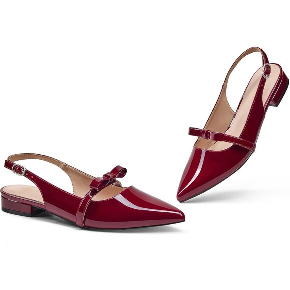 Women Wine Red Polyurethane (PU) Rhinestone Pointed Toe Slingback Flats Shoes - Picture 3 of 6